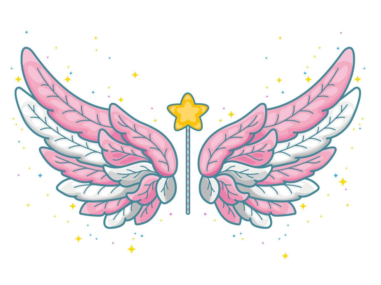 ali magiche in carino stile principessa, tavolozza rosa e grigio. ali d'angelo larghe e bacchetta magica con polvere di stelle. illustrazione vettoriale