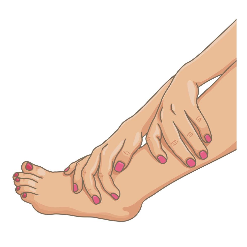 gambe femminili a piedi nudi con le mani che tengono la caviglia, unghie colorate, vista laterale. illustrazione vettoriale, stile cartone animato disegnato a mano isolato su bianco. vettore