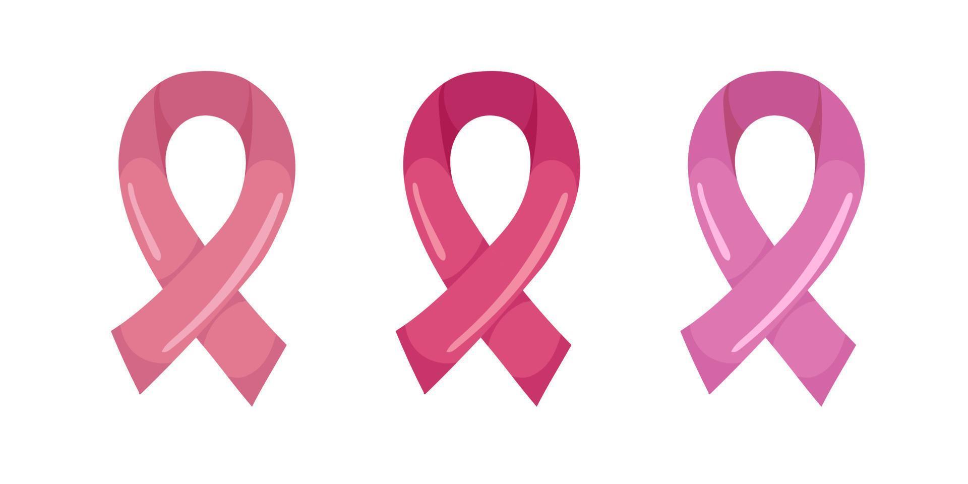 nastro rosa di tre diverse tonalità di rosa. simbolo del mese di sensibilizzazione sul cancro al seno di ottobre, stile cartone animato. illustrazione vettoriale isolata su bianco