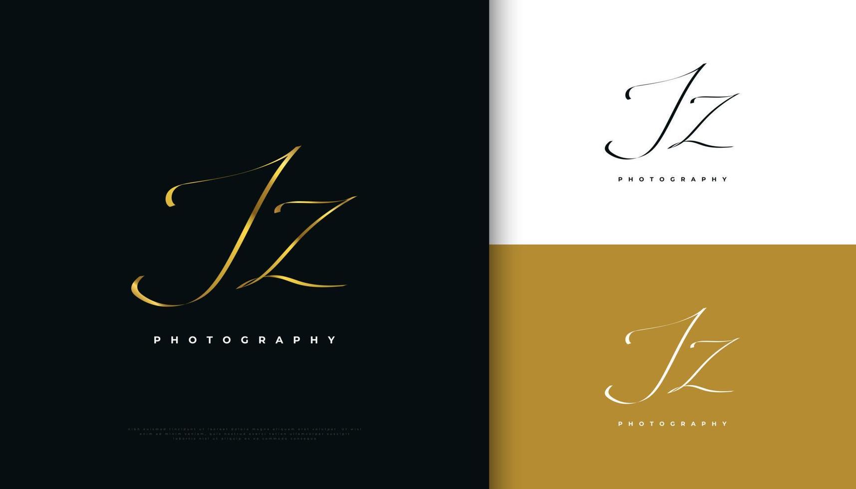 jz design iniziale del logo della firma con uno stile di scrittura dorato elegante e minimalista. design del logo iniziale j e z per l'identità del marchio di matrimoni, moda, gioielli, boutique e business vettore