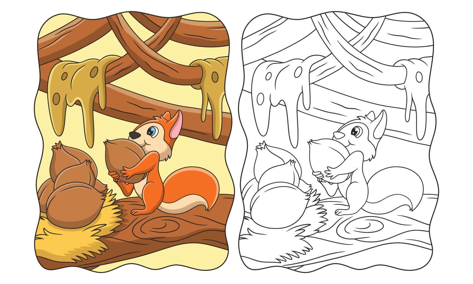 cartone animato illustrazione scoiattolo che raccoglie cibo per preparare il libro o la pagina della lunga stagione secca per i bambini vettore