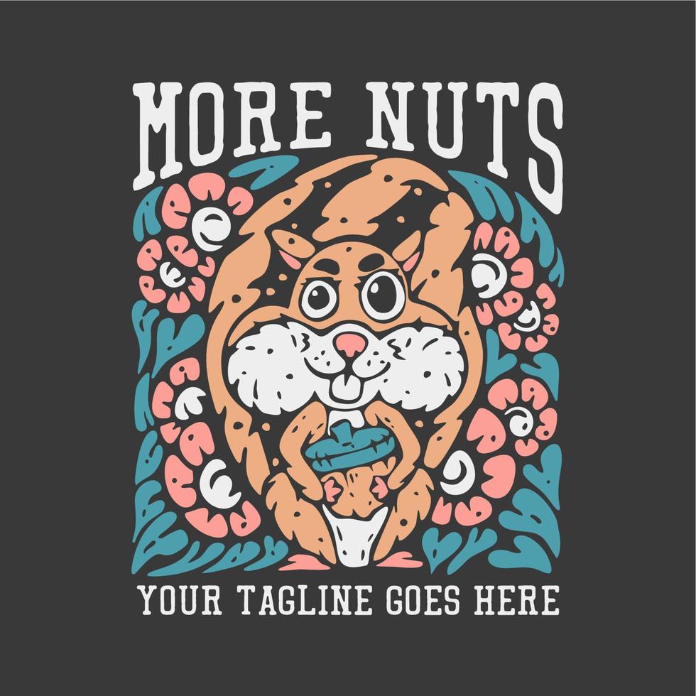 t shirt design più noci con scoiattolo che porta un dado con sfondo grigio illustrazione d'epoca vettore