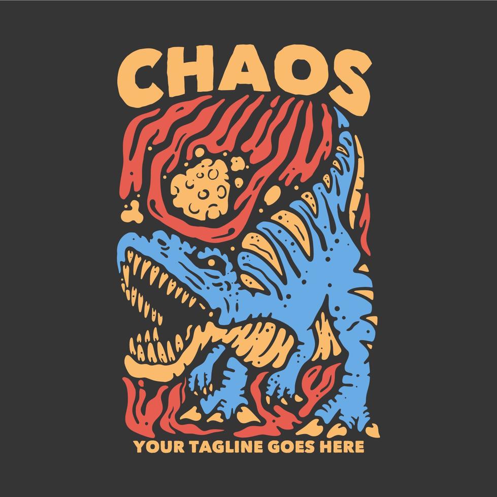 t shirt design caos con tirannosauro e sfondo grigio illustrazione vintage vettore