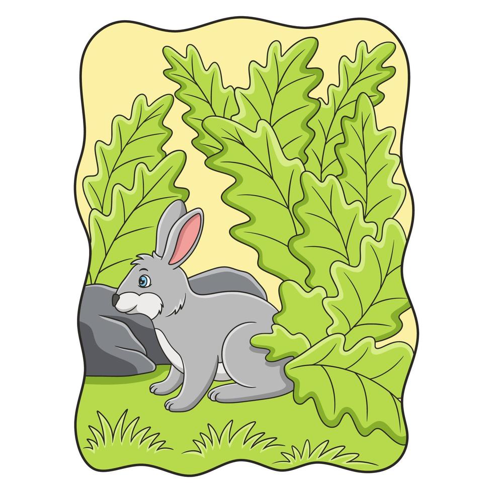 fumetto illustrazione conigli che cercano cibo e riparo sotto le foglie di un grande albero a causa del caldo sole vettore