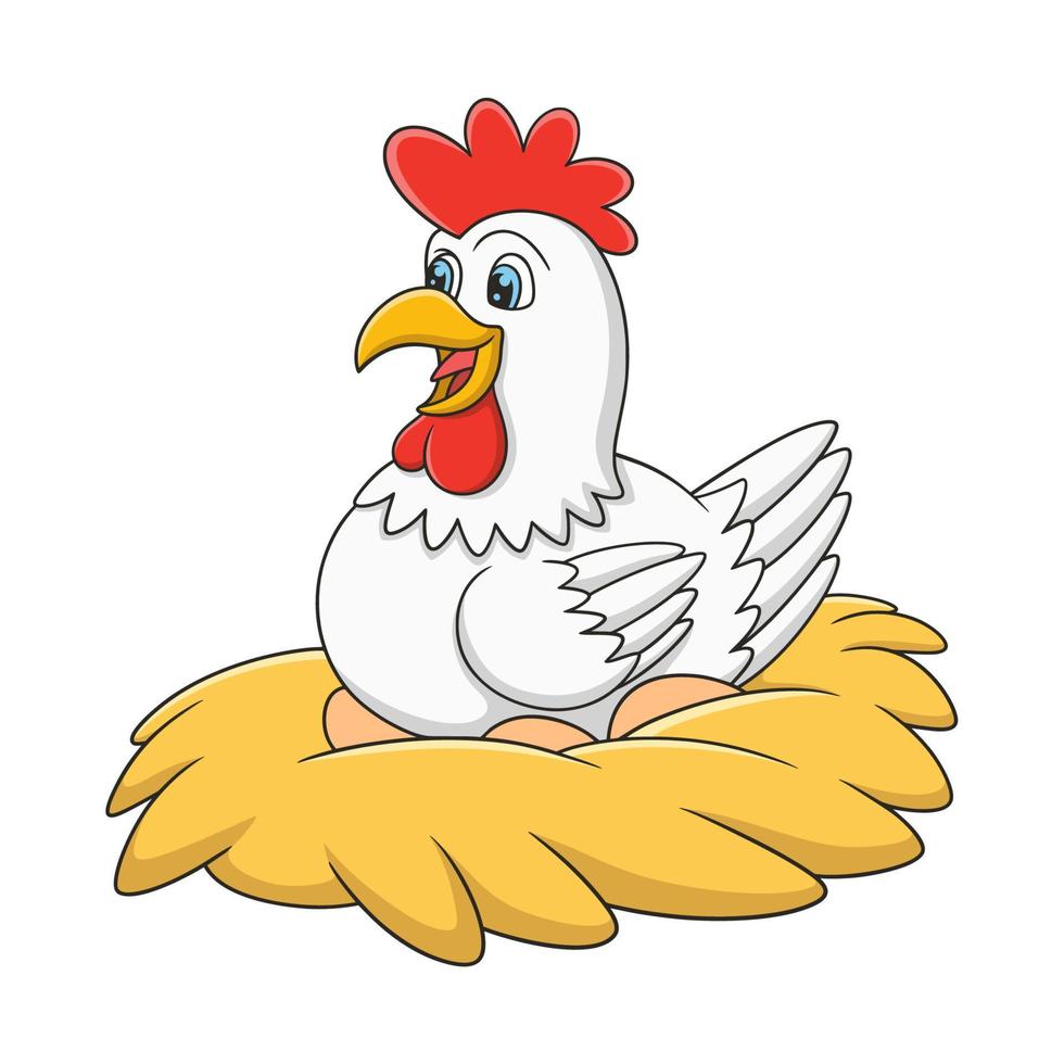 fumetto illustrazione una gallina che sta incubando le sue uova che sono pronte a schiudersi nella sua gabbia vettore