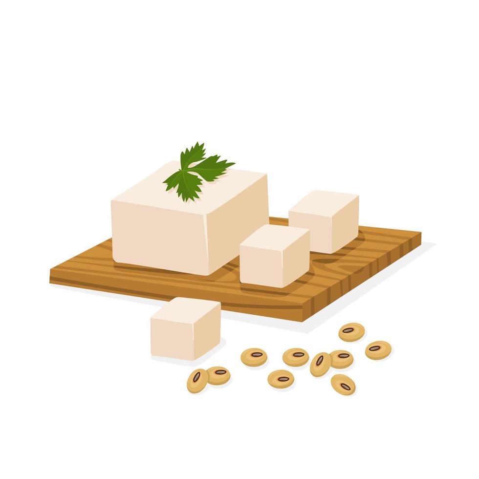 tofu su una tavola di legno e semi di soia, vettore per menu, poster o etichette di imballaggio. Isolato su uno sfondo bianco.