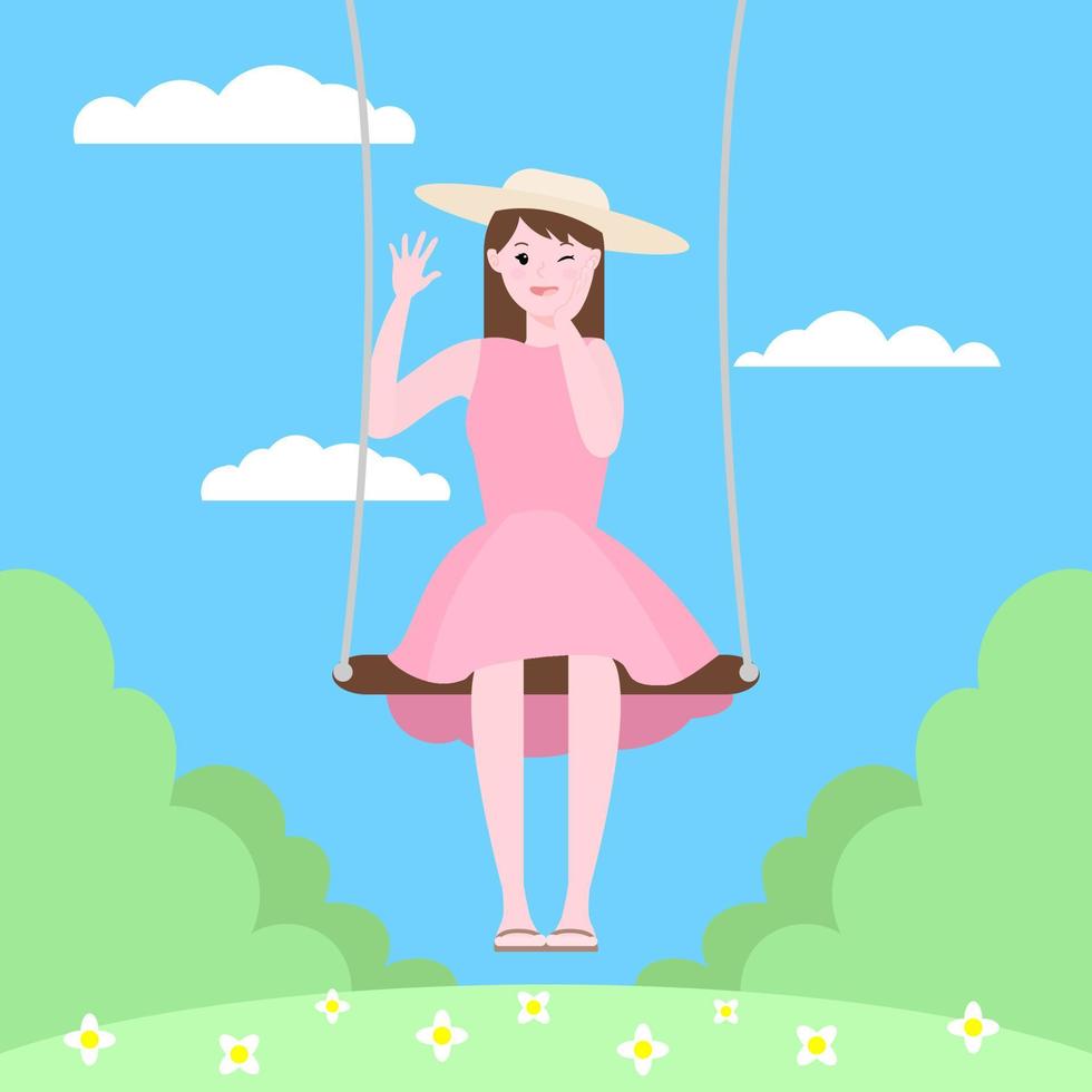 ragazza carina in abito rosa sorridente. giovane donna giro su un'altalena nel parco con alberi e fiori. bella giornata estiva con cielo azzurro e nuvole. gioco all'aperto per bambini. illustrazione vettoriale. vettore