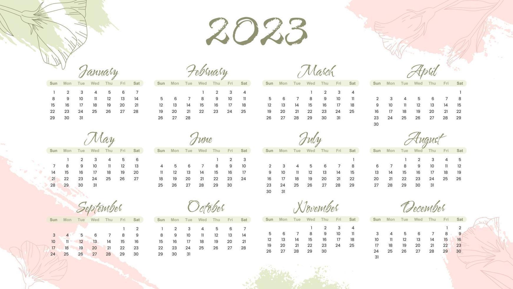 sfondo astratto alla moda con forme di vernice a pennello ed elemento floreale in colori pastello. Manifesto dell'illustrazione di vettore dell'anno di calendario 2023. la settimana inizia di domenica. modello di calendario annuale.