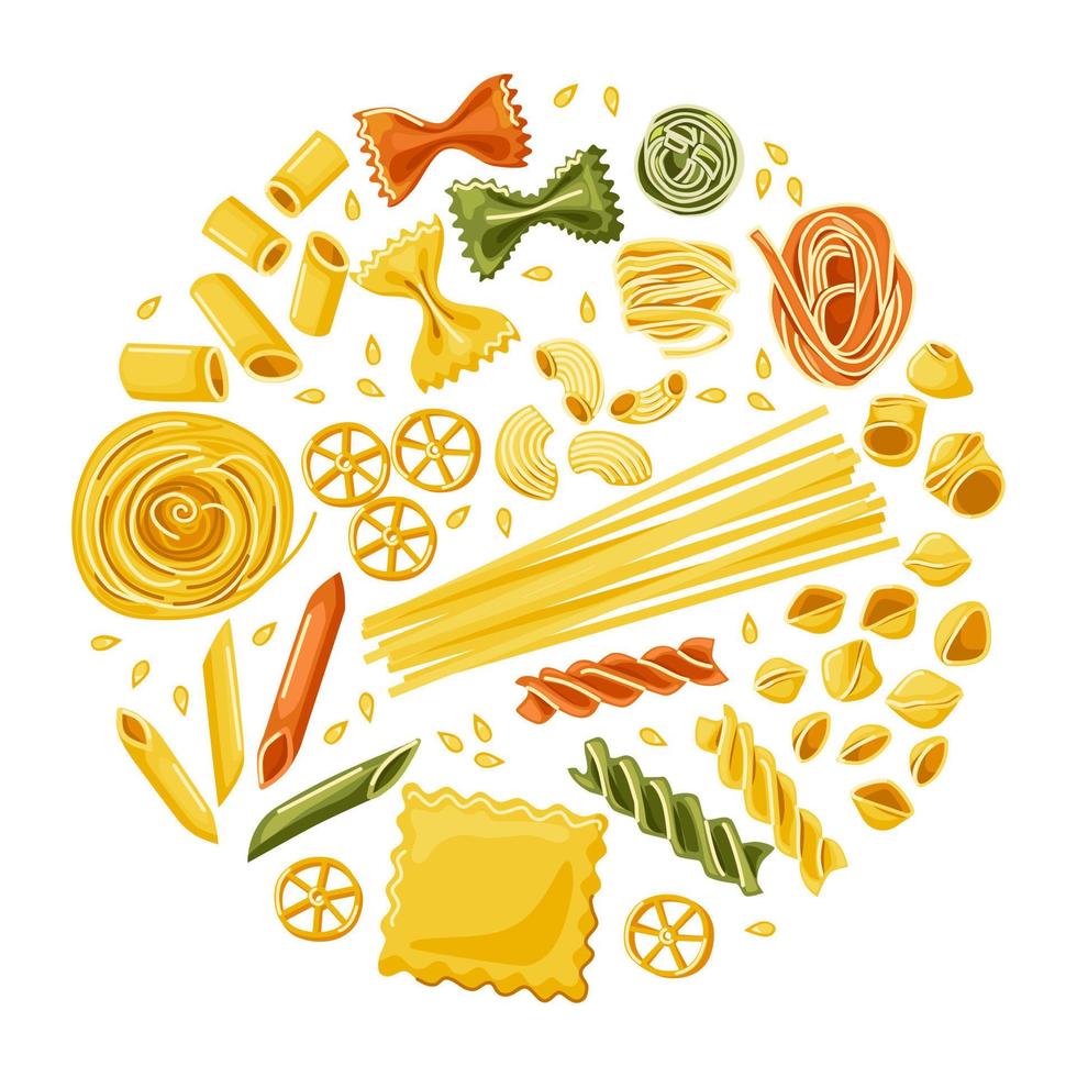 pasta colorata. diversi tipi di pasta. cucina italiana. ambientato in stile cartone animato. vettore. vettore