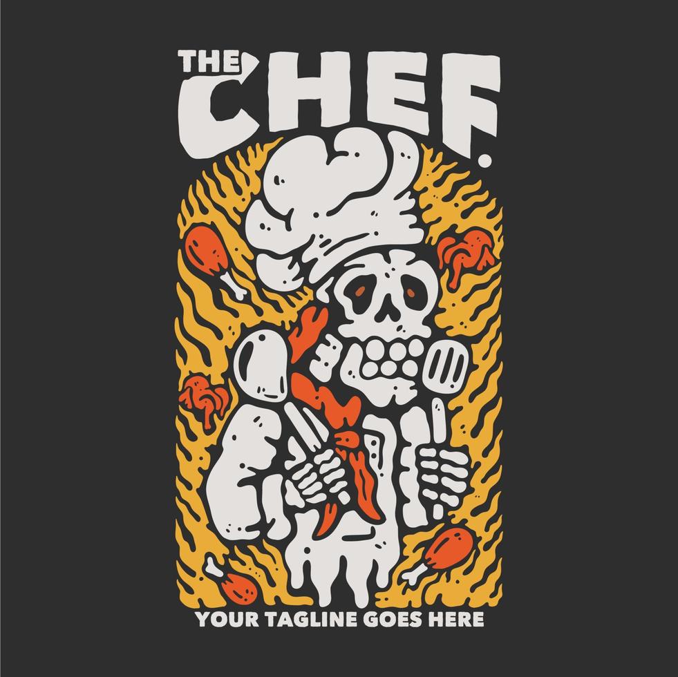 t shirt design chef con scheletro chef spatola d'oro con sfondo grigio illustrazione d'epoca vettore