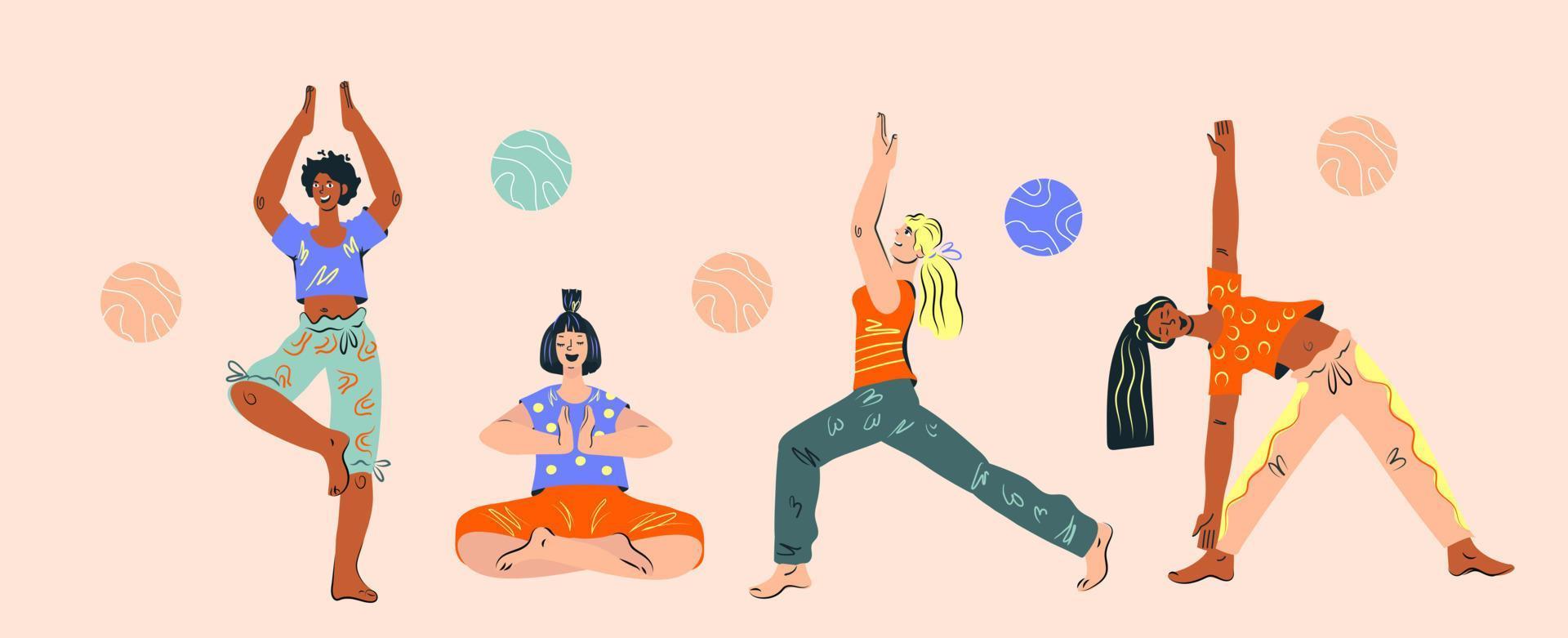 set di personaggi dei cartoni animati di donne che praticano yoga asana. lezioni di meditazione e studio di yoga, sfondo banner web corsi. esercizio sportivo e attività di fitness. illustrazione vettoriale piatta.