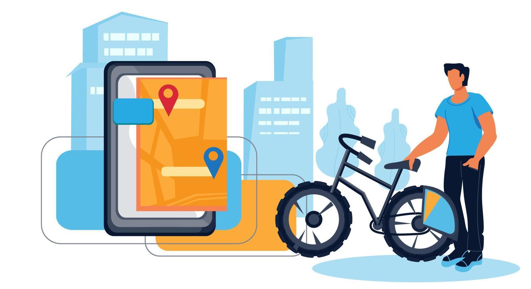 concetto di bike sharing e noleggio biciclette con carattere uomo che utilizza un veicolo ecologico per spostarsi in città. applicazione mobile per il trasporto pubblico urbano. illustrazione vettoriale piatta isolata.