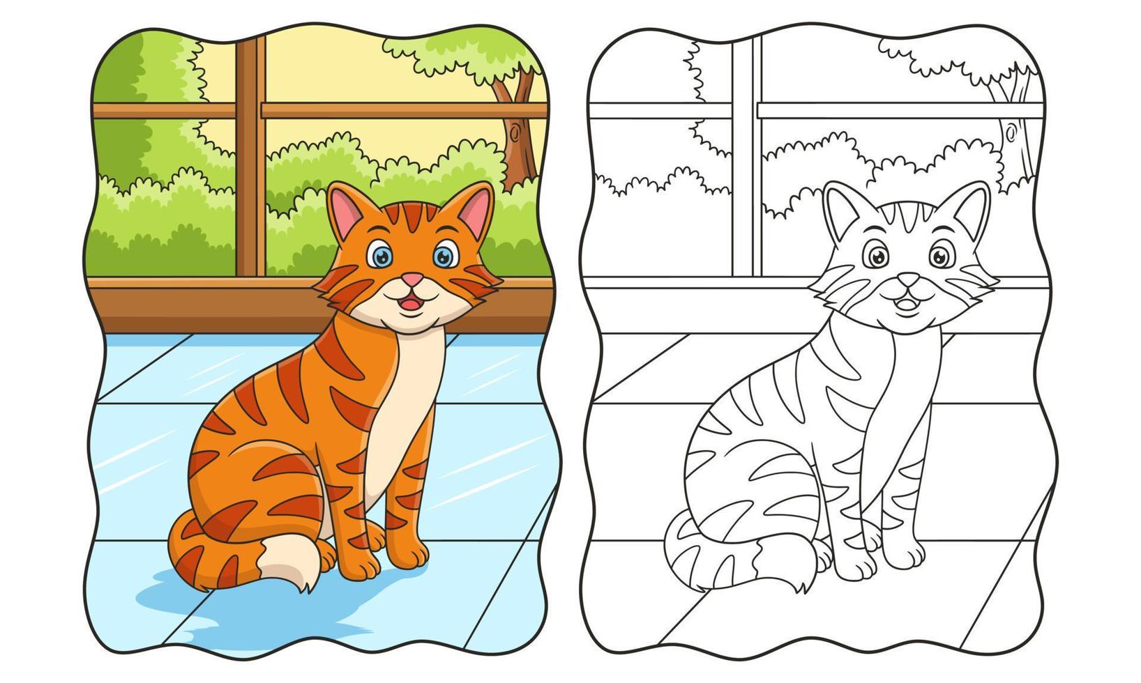 illustrazione del fumetto il gatto è in piedi dietro la finestra della casa per vedere lo scenario dietro il libro della finestra o la pagina per i bambini vettore