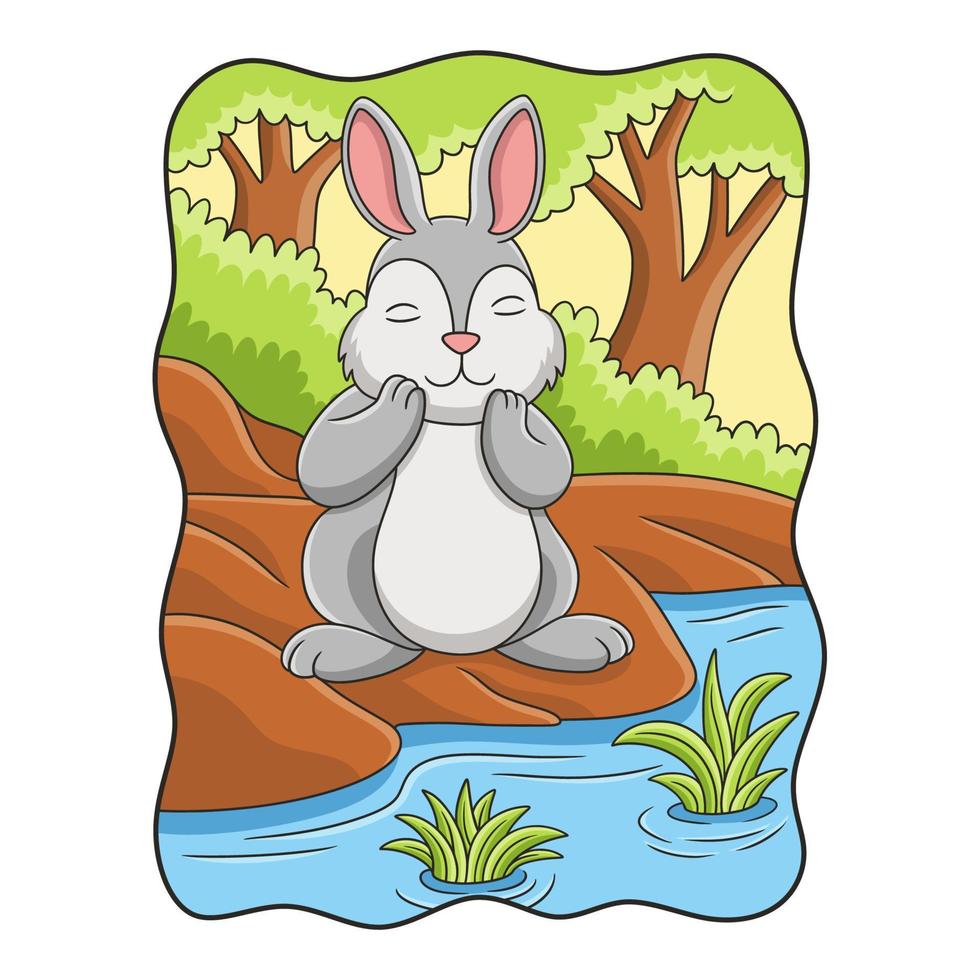 fumetto illustrazione coniglio sta respirando aria fresca dal fiume nel mezzo della foresta vettore