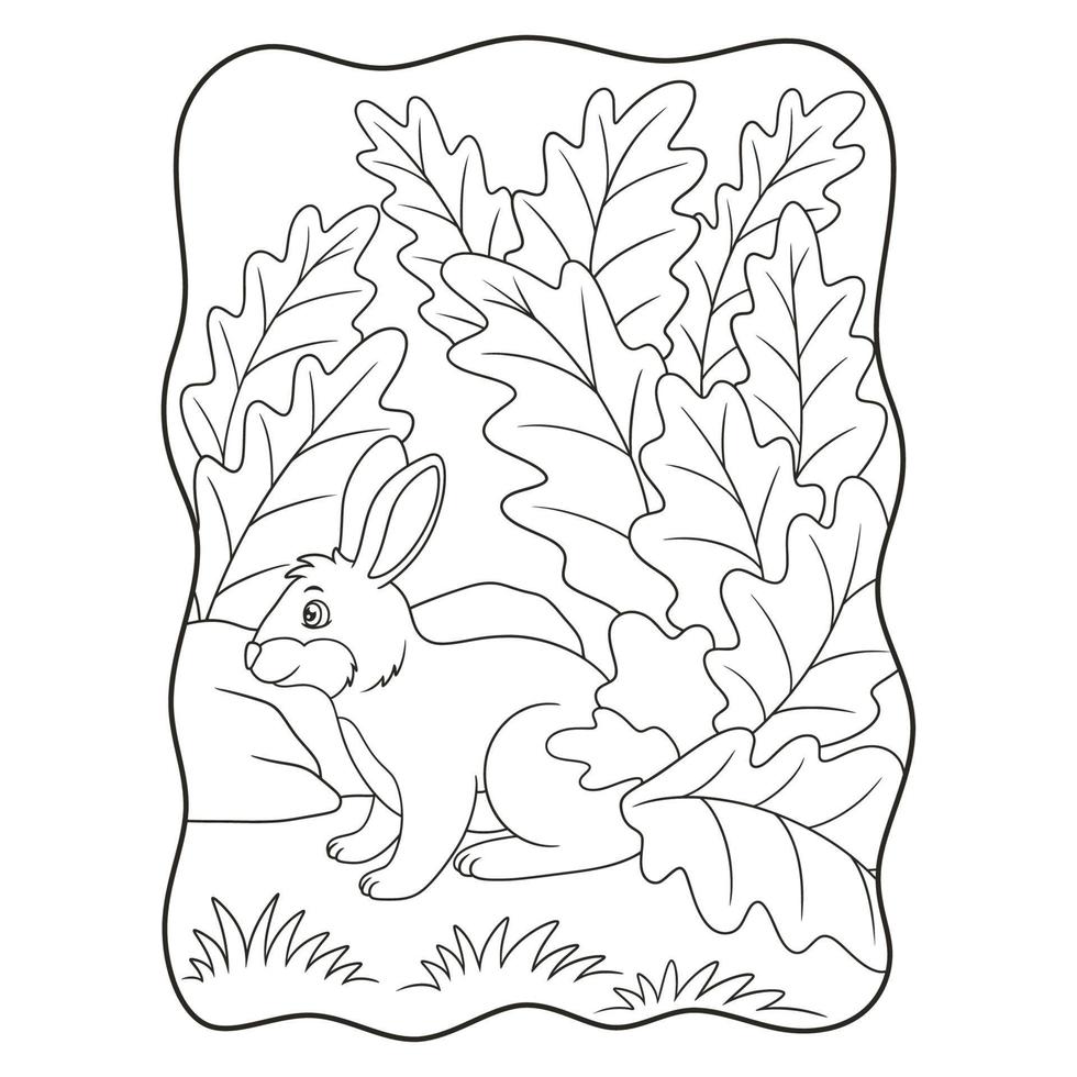 fumetto illustrazione conigli che cercano cibo e riparo sotto le foglie di un grande albero a causa del sole caldo libro o pagina per bambini in bianco e nero vettore