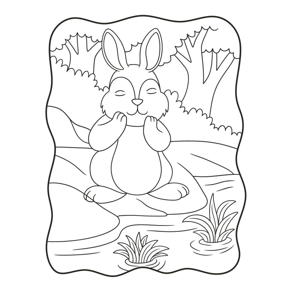 fumetto illustrazione coniglio sta respirando aria fresca dal fiume nel mezzo del libro foresta o pagina per bambini in bianco e nero vettore