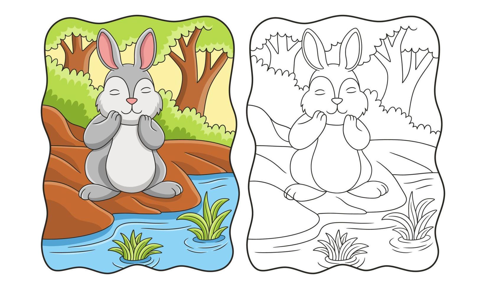 fumetto illustrazione coniglio sta respirando aria fresca dal fiume nel mezzo del libro foresta o pagina per i bambini vettore