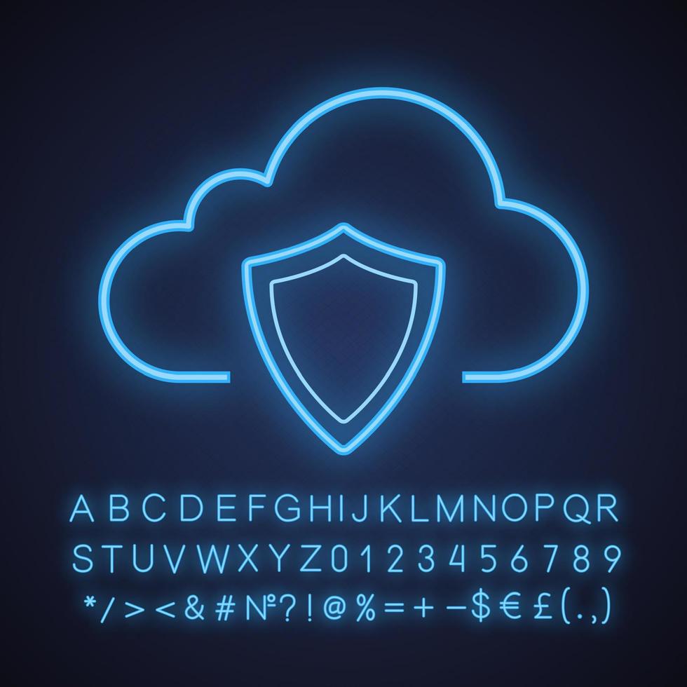 icona della luce al neon di protezione dei dati di archiviazione cloud. scudo di sicurezza. cloud computing. segno luminoso con alfabeto, numeri e simboli. illustrazione vettoriale isolato