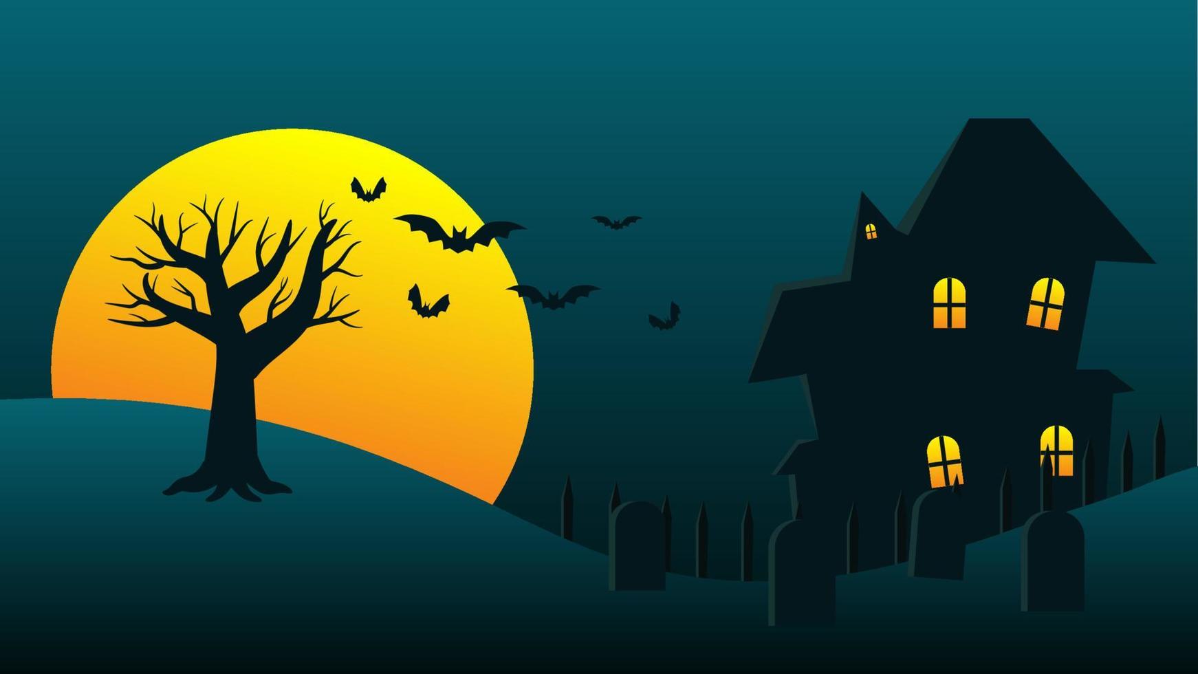 felice festa di halloween sfondo. cartone animato casa stregata sulle colline con la luna piena nel cielo notturno e pipistrelli che volano sopra l'albero vettore