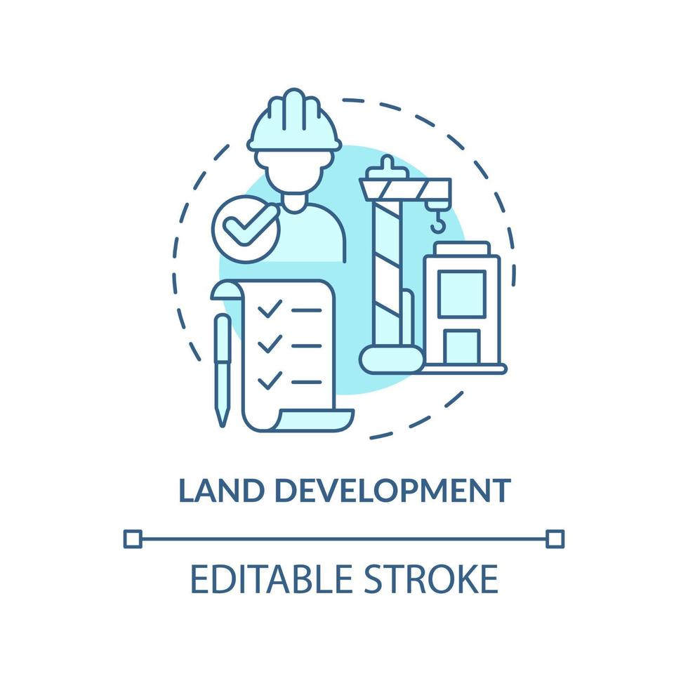 icona del concetto turchese di sviluppo del territorio. illustrazione al tratto sottile di idea astratta di gestione del territorio. costruzione di edifici. disegno di contorno isolato. tratto modificabile vettore