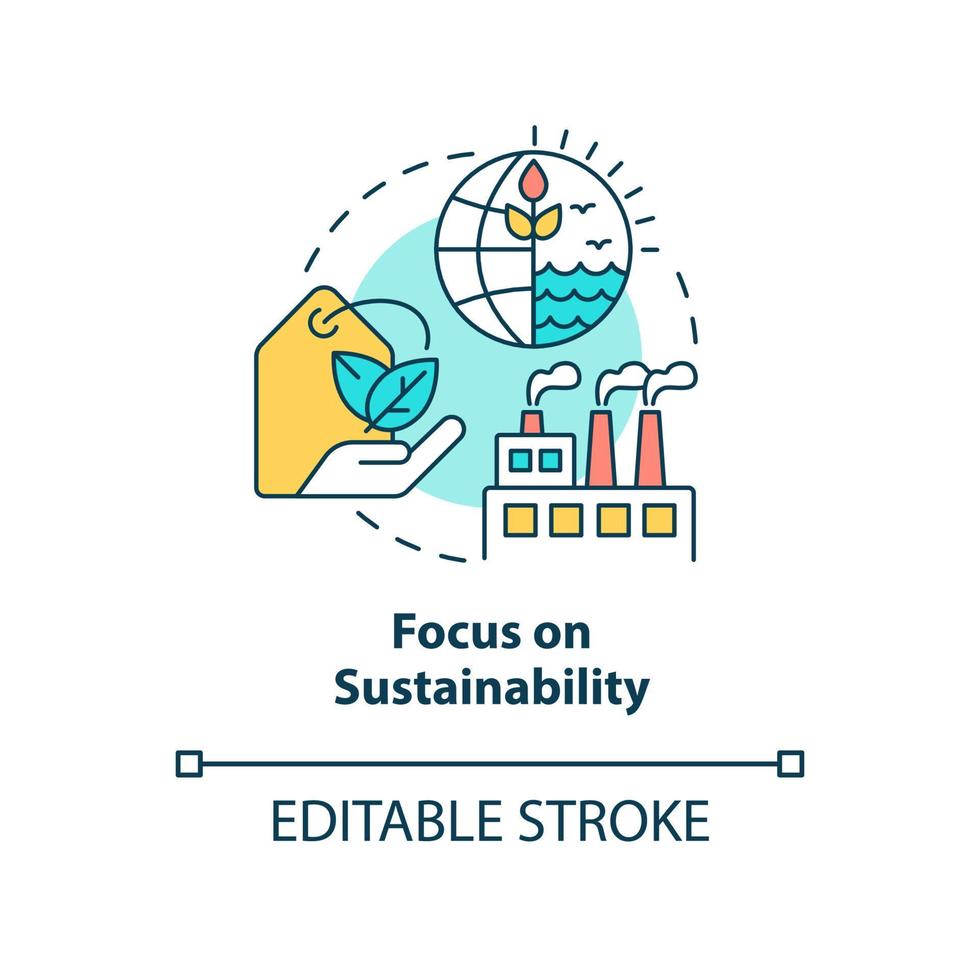 concentrarsi sull'icona del concetto di sostenibilità. fabbricazione ecologica. illustrazione della linea sottile dell'idea astratta delle tendenze della macro economia. disegno di contorno isolato. tratto modificabile vettore