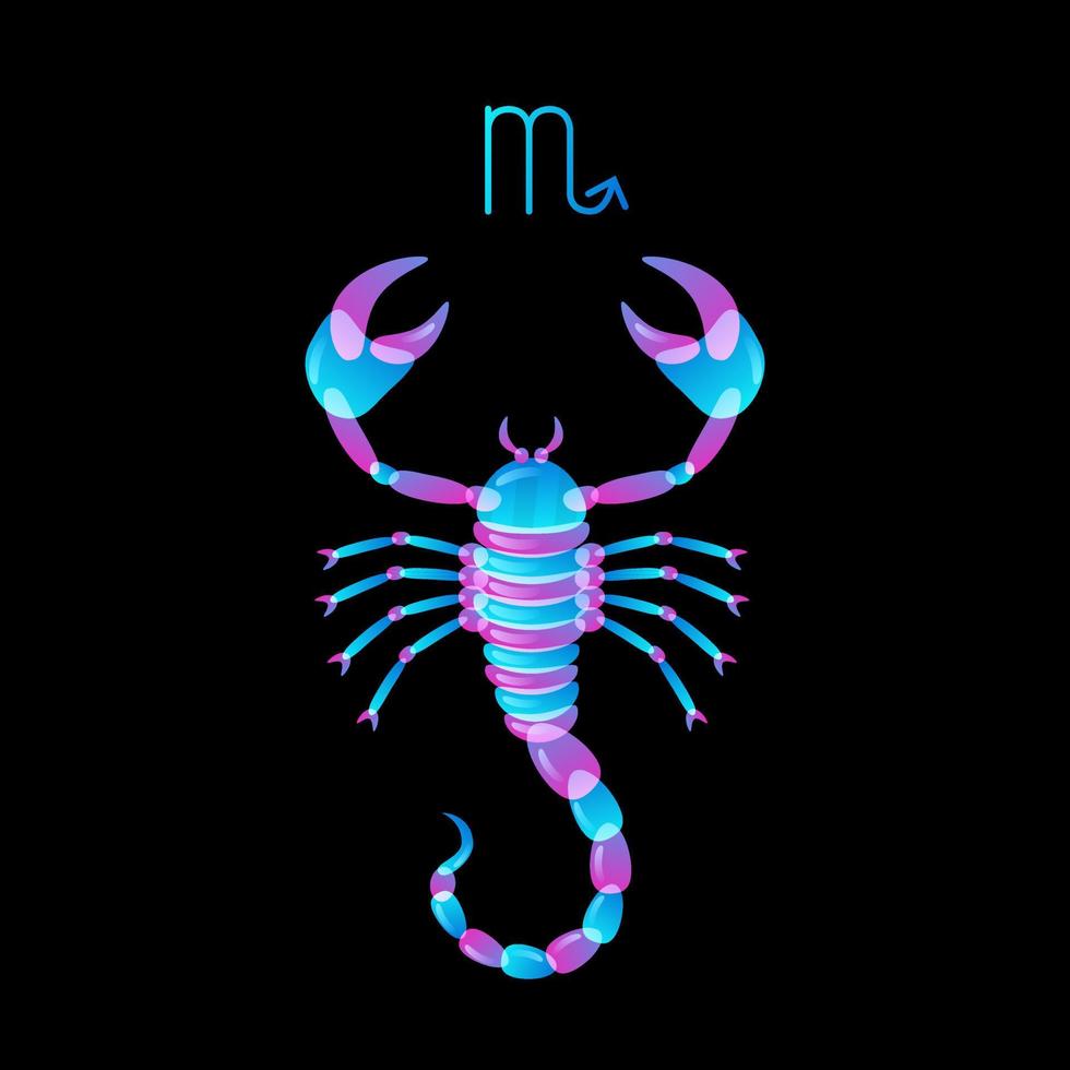 segno zodiacale scorpione neon su sfondo nero, oroscopo. illustrazione vettoriale d'archivio.