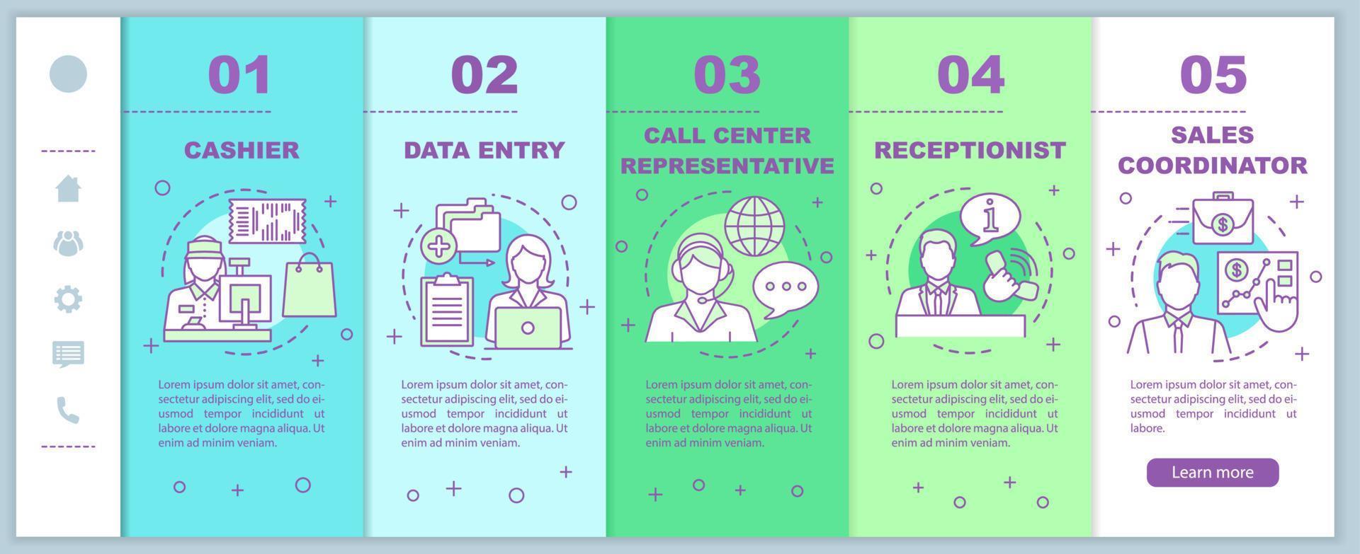 trovare lavori part-time onboarding modello vettoriale di pagine web mobili. cassiere. idea di interfaccia del sito Web per smartphone reattiva con illustrazioni lineari. schermate dei passaggi della procedura guidata della pagina Web. concetto di colore