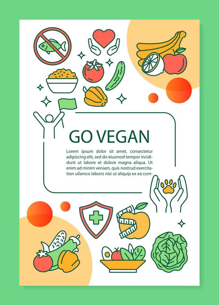 layout del modello di brochure di dieta vegetariana. go vegan flyer, opuscolo, design di stampa di volantini con illustrazioni lineari. layout di pagina vettoriale di cibo naturale per riviste, relazioni annuali, poster pubblicitari