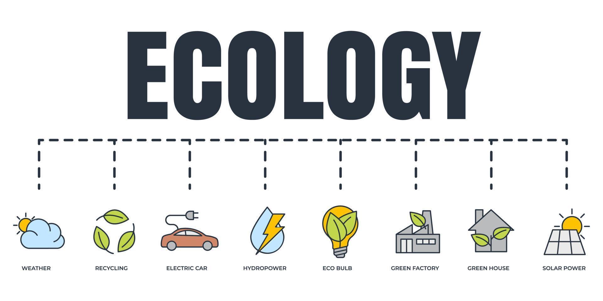 ecologico. insieme dell'icona di web della bandiera di ecologia di sostenibilità ambientale. casa verde, auto elettrica, energia idroelettrica, meteo, energia solare, fabbrica verde, riciclaggio, concetto di illustrazione vettoriale di lampadine eco.