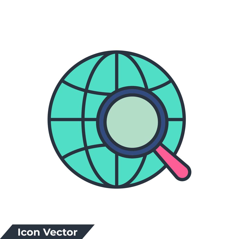 illustrazione vettoriale del logo dell'icona dei dati globali. globo con modello di simbolo di lente d'ingrandimento per la raccolta di grafica e web design