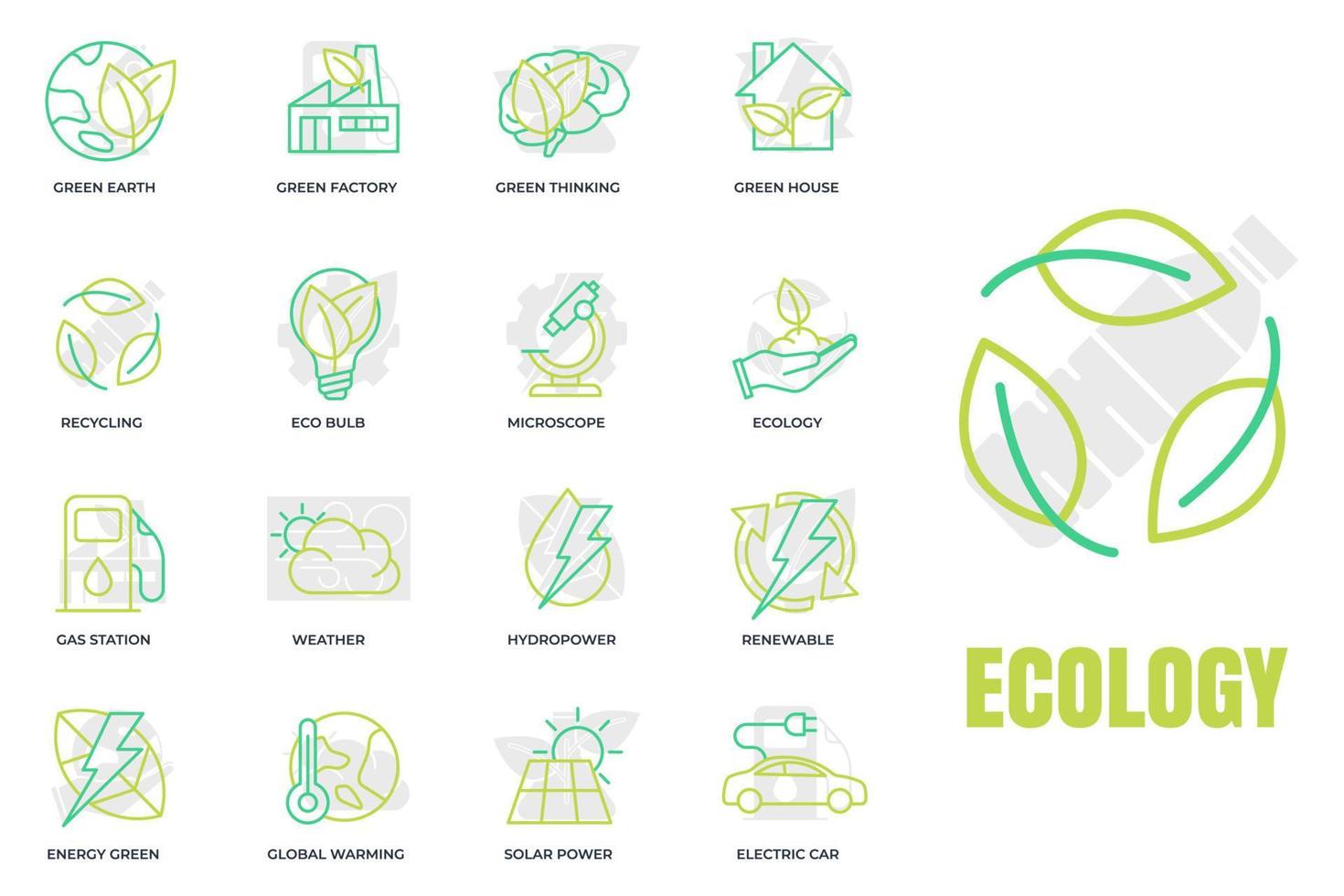 set di ecologia ambientale icona logo illustrazione vettoriale. pacchetto ecologico. modello di simbolo di casa verde, auto elettrica, energia idroelettrica e così via per la raccolta di grafica e web design vettore