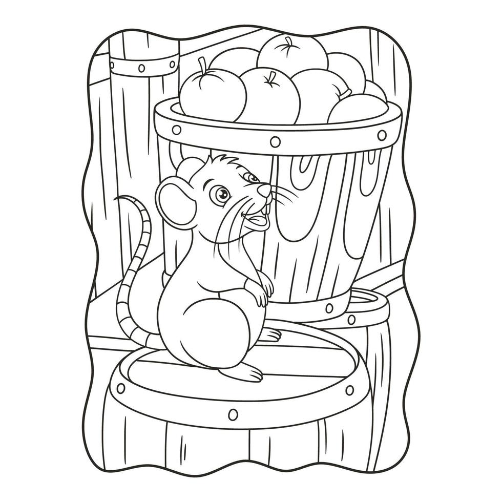 fumetto illustrazione un topo in piedi su una pila di barili pieni di frutta nel libro di magazzino o pagina per bambini in bianco e nero vettore