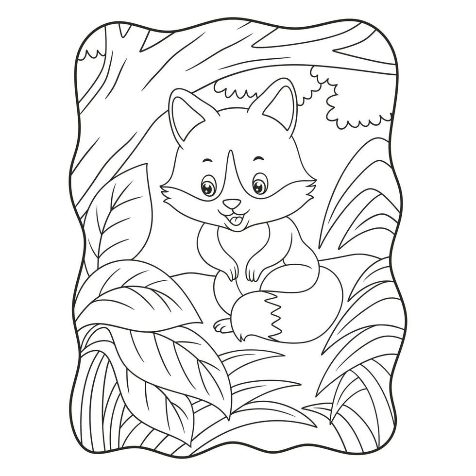 fumetto illustrazione una volpe seduta sotto un grande albero nel mezzo del libro foresta o pagina per bambini in bianco e nero vettore