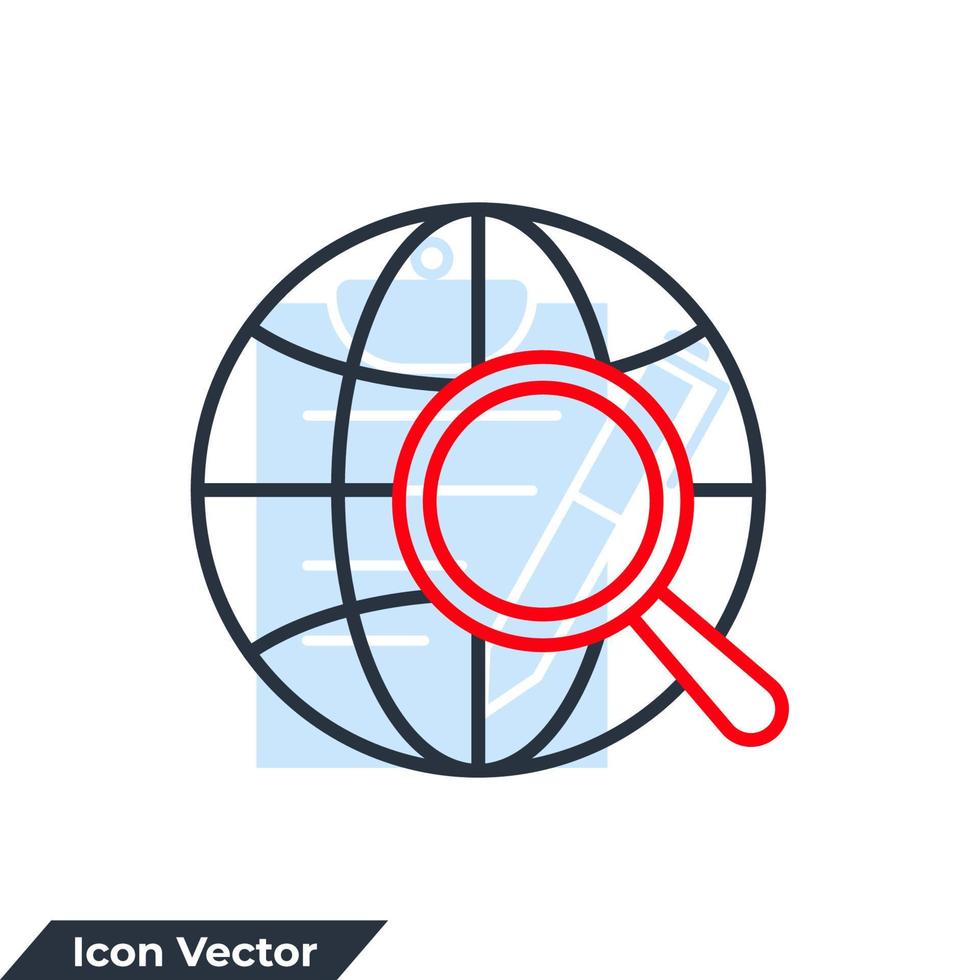 illustrazione vettoriale del logo dell'icona dei dati globali. globo con modello di simbolo di lente d'ingrandimento per la raccolta di grafica e web design