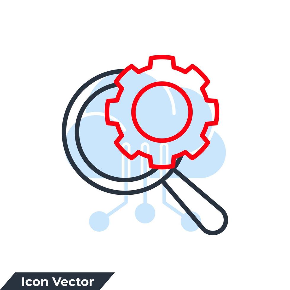 illustrazione vettoriale del logo dell'icona di ottimizzazione. ruota dentata e modello di simbolo di lente d'ingrandimento per la raccolta di grafica e web design