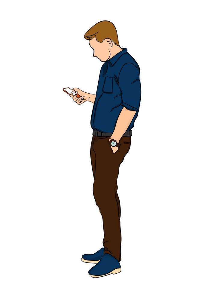 disegno schizzo stile contorno con vernice colorata uomo d'affari che tiene smart phone illustrazione vettoriale concetto business con connessione telefonica
