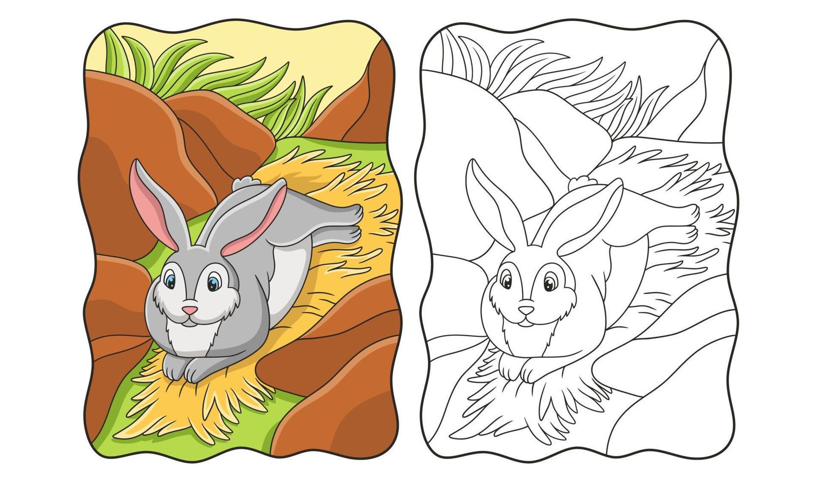 illustrazione del fumetto il coniglio è sdraiato sul fieno sotto la scogliera per godersi il sole nel mezzo della foresta libro o pagina per bambini vettore