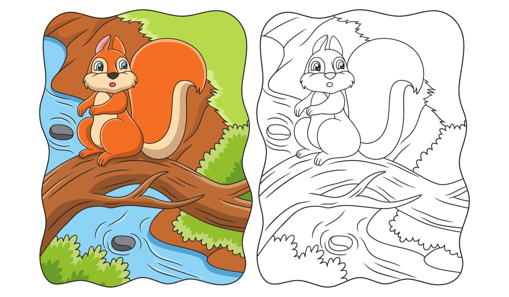 illustrazione del fumetto uno scoiattolo seduto su un tronco d'albero caduto sopra un fiume con un bellissimo libro o una pagina di vista per i bambini vettore