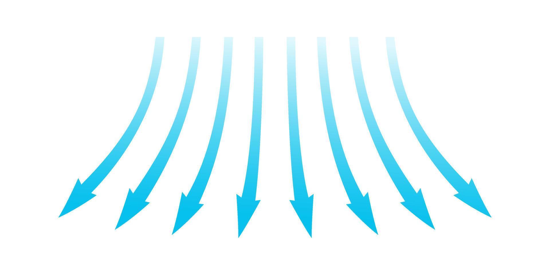 flusso d'aria. frecce blu che mostrano la direzione del movimento dell'aria. frecce di direzione del vento. flusso fresco blu freddo dal balsamo. illustrazione vettoriale isolato su sfondo bianco