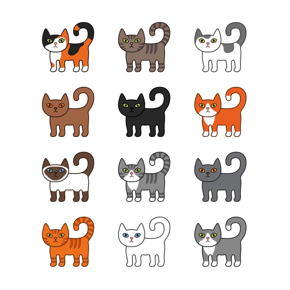 vari gatti impostati. carino e divertente cartone animato gattino gatto illustrazione vettoriale impostato con diverse razze di gatti.