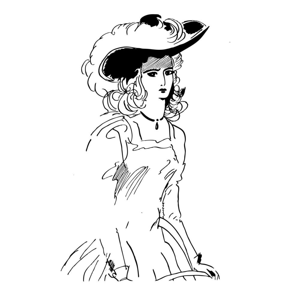 donna in stile retrò con cappello con schizzo di inchiostro di piume. illustrazione di moda vettore