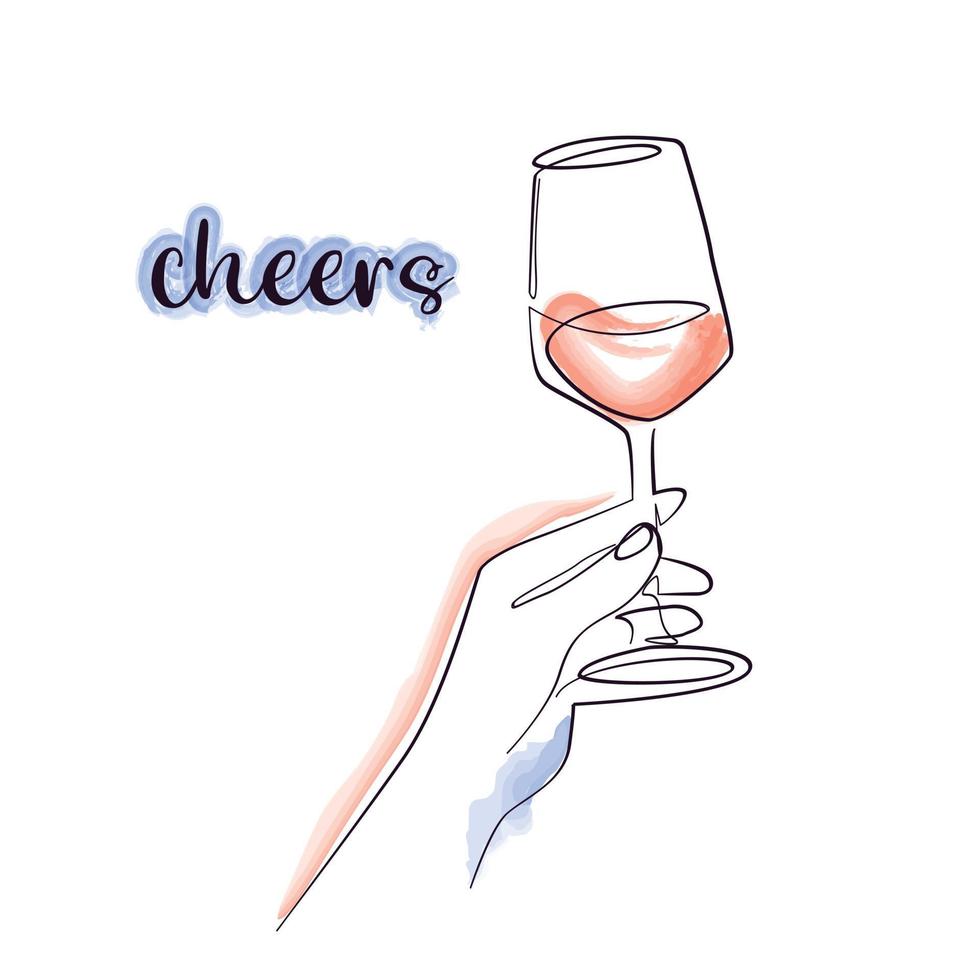 bicchiere di vino in mano linea continua arte 14 febbraio San Valentino festeggia il design della carta logo pub festa ristorante vettore