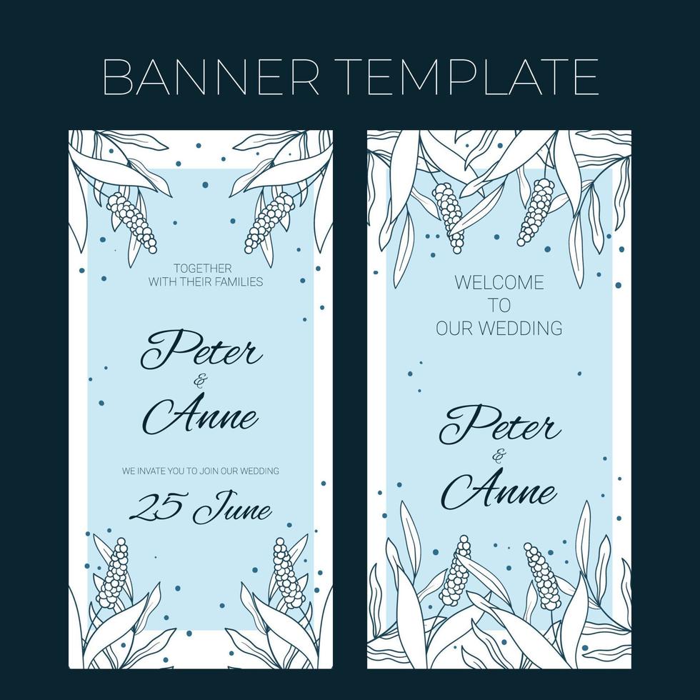 modello di banner verticale per matrimonio floreale in stile doodle disegnato a mano, design della carta dell'invito con fiori e foglie di linea, punti. cornice decorativa vettoriale su sfondo bianco e blu.