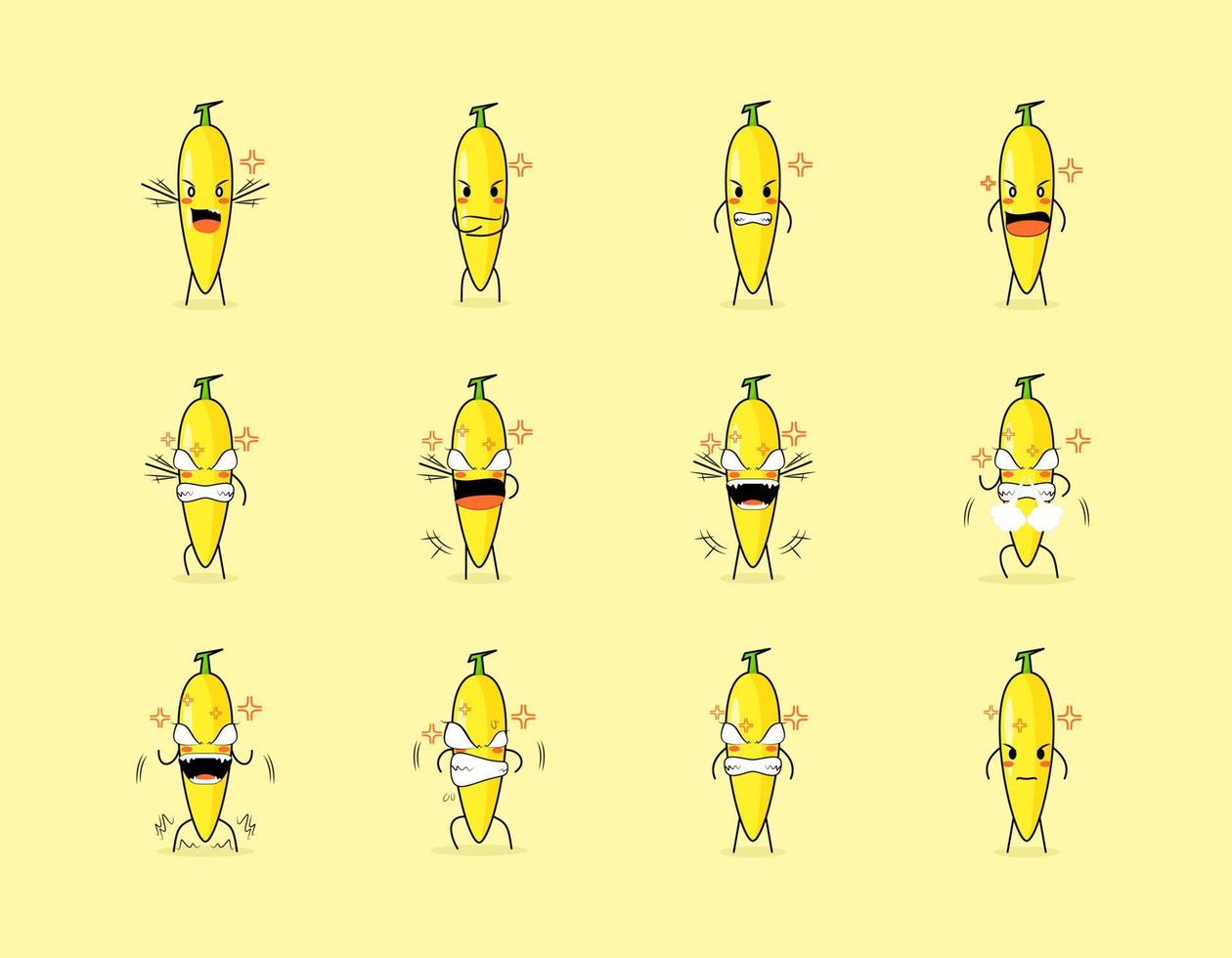 set di simpatico personaggio dei cartoni animati di banana con espressione arrabbiata. adatto per emoticon, logo, simbolo e mascotte vettore