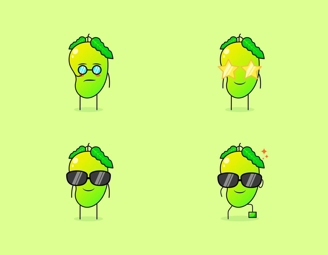 collezione di simpatici personaggi dei cartoni animati di mango con espressione seria, sorriso e occhiali. adatto per emoticon, logo, simbolo e mascotte. come emoticon, adesivi o logo di frutta vettore