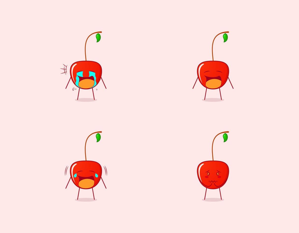 raccolta di simpatico personaggio dei cartoni animati di ciliegia con pianto e espressione triste. adatto per emoticon, logo, simbolo e mascotte. come emoticon, adesivi o logo di frutta vettore