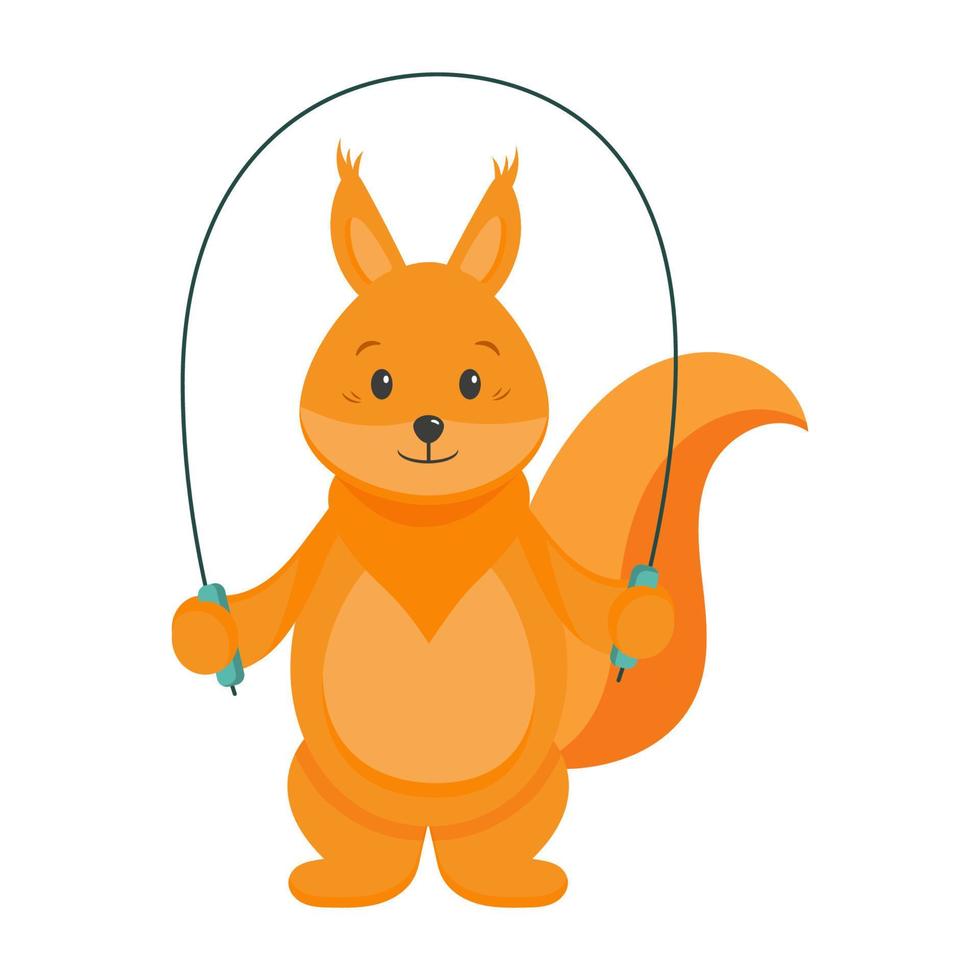 un piccolo scoiattolo rosso salta su una corda. atletica per bambini. riscaldamento, esercizi mattutini, motivazione sportiva. vettore
