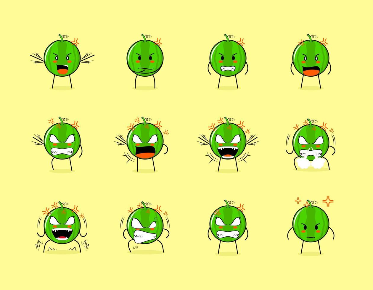 raccolta di simpatico personaggio dei cartoni animati di anguria con espressioni arrabbiate. adatto per emoticon, logo, simbolo e mascotte vettore