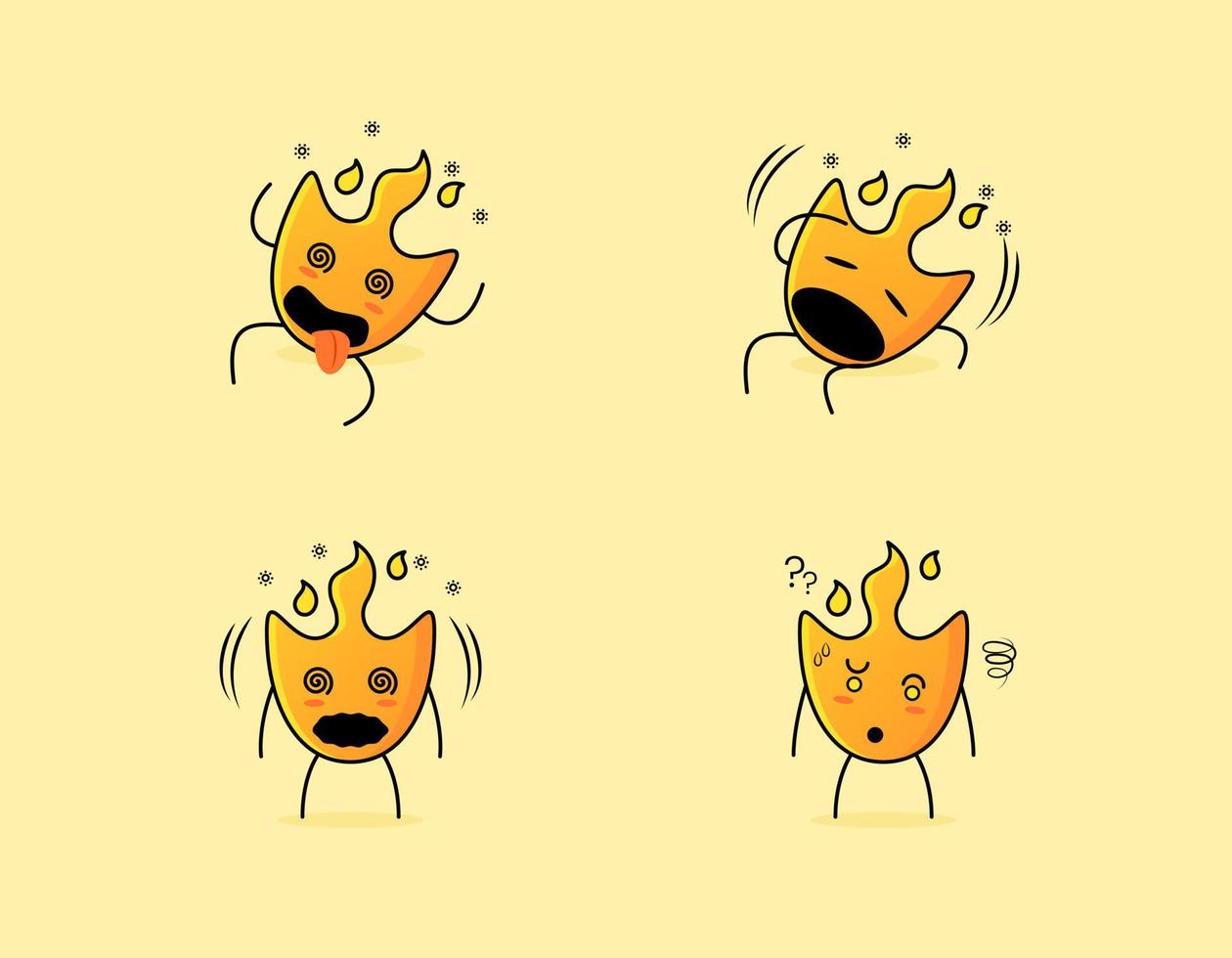 raccolta di simpatico personaggio dei cartoni animati di fuoco con espressione vertiginosa. adatto per icona, logo, simbolo e segno. come emoticon, adesivo, mascotte o logo dell'elemento vettore