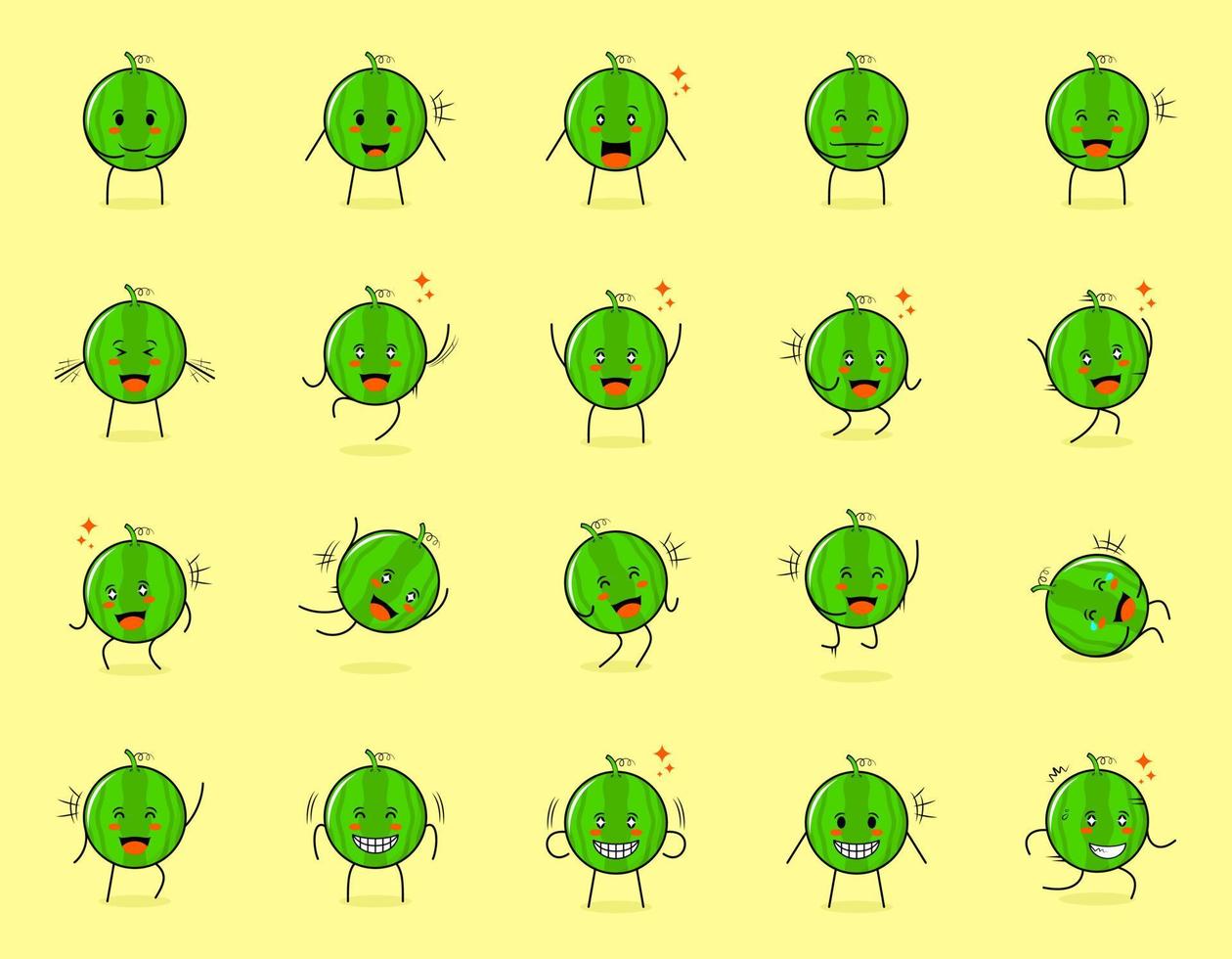 raccolta di simpatico personaggio dei cartoni animati di anguria con espressioni felici e sorrisi. adatto per emoticon, logo, simbolo e mascotte vettore